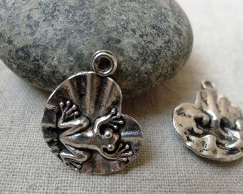 Accessories - 20 Pcs Of Antique Silver Leaping Frog On Lotus Leaf Charms 18x21mm A5824