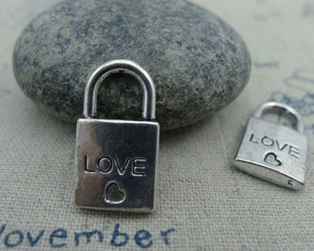 Accessories - 20 Pcs Of Antique Silver Love Heart Lock Charms Double Sided 11x20mm A1235