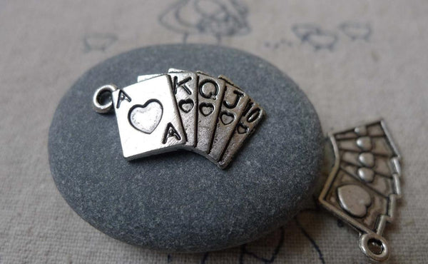 Accessories - 20 Pcs Of Antique Silver Poker Cards Royal Flush Charms  13x25mm A1373