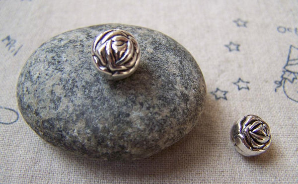 Accessories - 20 Pcs Of Antique Silver Round Embossed Rose Flower Beads 10mm A5724