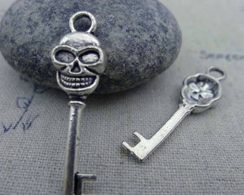 Accessories - 20 Pcs Of Antique Silver Skull Key Charms 8x28mm A1566