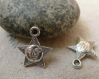 Accessories - 20 Pcs Of Antique Silver Star Face Charms Pendants 13.5mm Double Sided  A6233