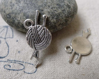 Accessories - 20 Pcs Of Antique Silver Yarn Ball With Knitting Needles Charms 12x24mm A6724