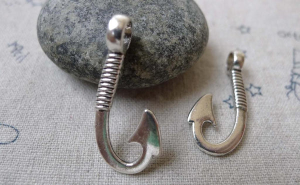 Accessories - 20 Pcs Of Antiqued Silver Fishing Hook Charms 15x30mm A6749