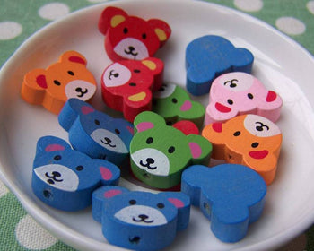 Accessories - 20 Pcs Of Assorted Color Wooden Bear Cub Head  Beads 14x20mm A3739