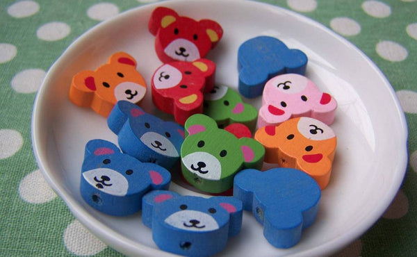 Accessories - 20 Pcs Of Assorted Color Wooden Bear Cub Head  Beads 14x20mm A3739
