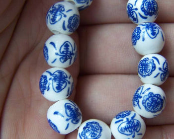 Accessories - 20 Pcs Of Hand Painted Chinese Blue Ceramic Round Beads 10mm  A1864