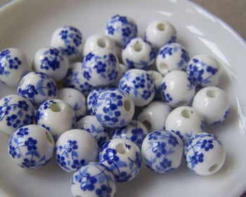 Accessories - 20 Pcs Of Hand Painted Chinese Blue Flower Ceramic Round Beads 10mm A4554