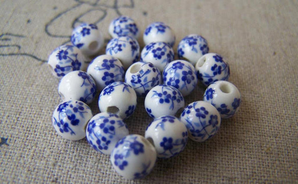 Accessories - 20 Pcs Of Hand Painted Chinese Blue Flower Ceramic Round Beads 6mm A565