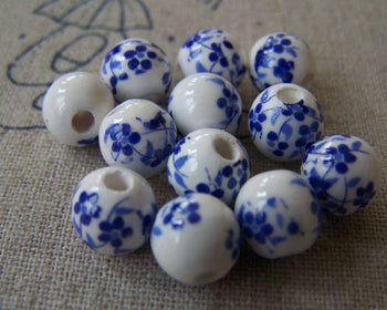 Accessories - 20 Pcs Of Hand Painted Chinese Blue Flower Ceramic Round Beads 8mm A566