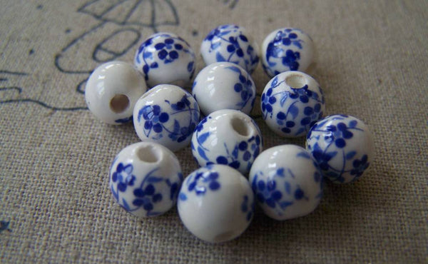 Accessories - 20 Pcs Of Hand Painted Chinese Blue Flower Ceramic Round Beads 8mm A566