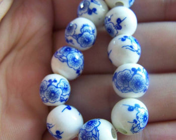 Accessories - 20 Pcs Of Hand Painted Chinese Blue Peony Flower Ceramic Round Beads 10mm A1862