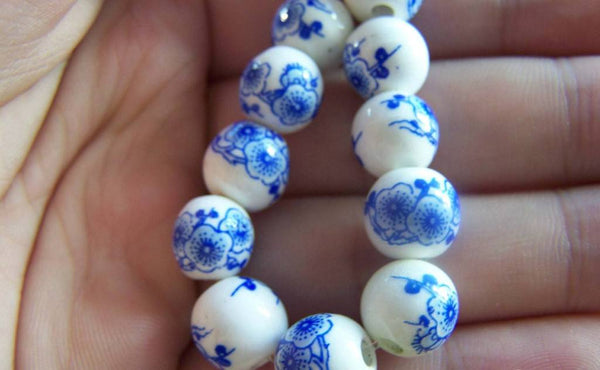 Accessories - 20 Pcs Of Hand Painted Chinese Blue Peony Flower Ceramic Round Beads 10mm A1862