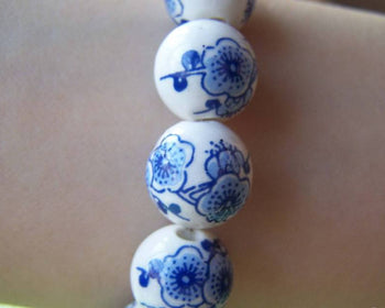 Accessories - 20 Pcs Of Hand Painted Chinese Blue Peony Flower Ceramic Round Beads 12mm A1876