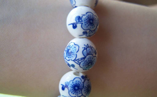 Accessories - 20 Pcs Of Hand Painted Chinese Blue Peony Flower Ceramic Round Beads 12mm A1876