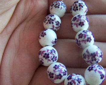 Accessories - 20 Pcs Of Hand Painted Chinese Purple Flower Ceramic Round Beads 10mm A1886