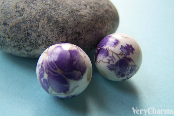 Accessories - 20 Pcs Of Hand Painted Chinese Purple Flower Ceramic Round Beads 12mm A2388