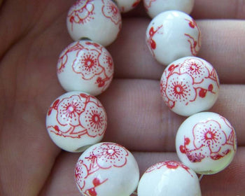 Accessories - 20 Pcs Of Hand Painted Chinese Red Peony Flower Ceramic Round Beads 12mm A1890