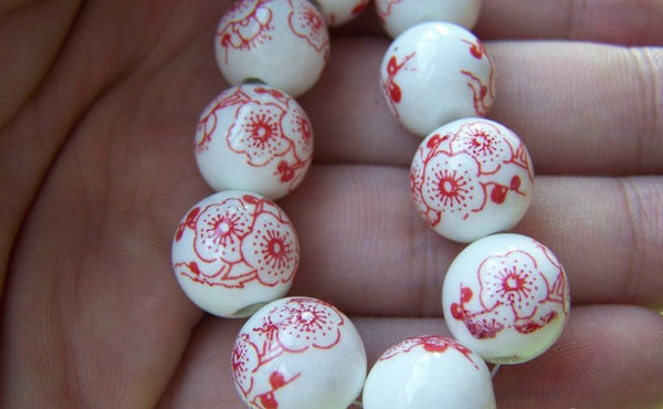Accessories - 20 Pcs Of Hand Painted Chinese Red Peony Flower Ceramic Round Beads 12mm A1890