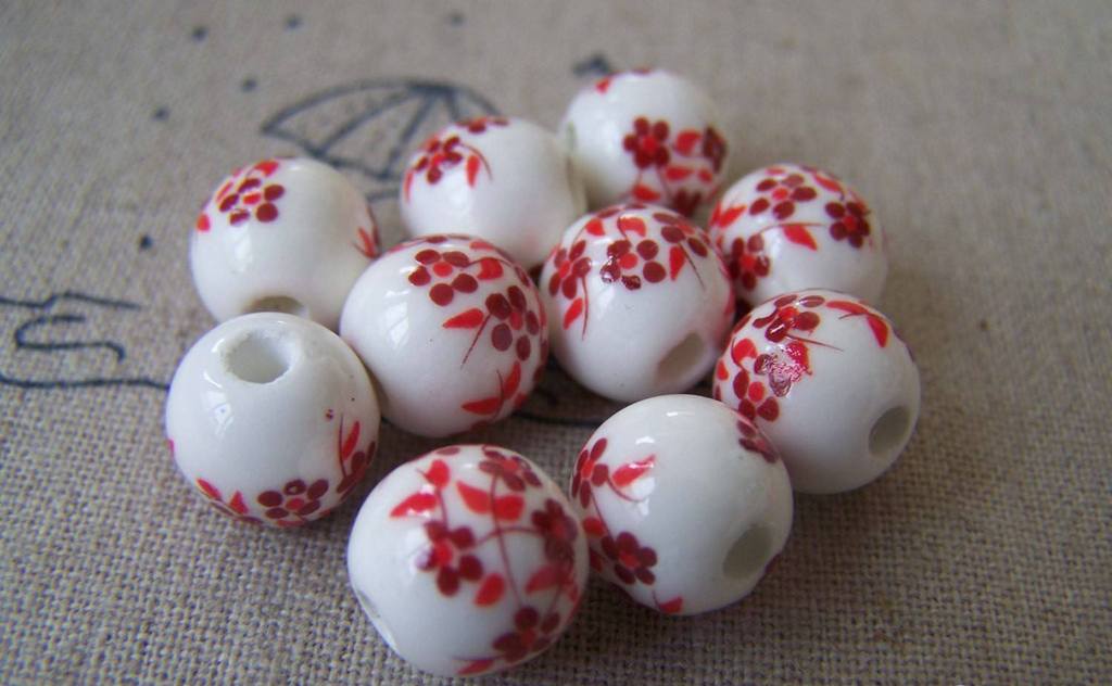 Accessories - 20 Pcs Of Hand Painted Lovely Red Flower Chinese Ceramic Beads 10mm A573