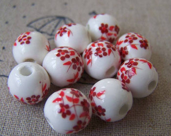 Accessories - 20 Pcs Of Hand Painted Lovely Red Flower Chinese Ceramic Beads 10mm A573