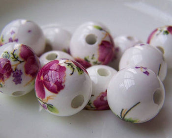 Accessories - 20 Pcs Of Hand Painted Lovely Red Flower Chinese Ceramic Beads 12mm   A1892