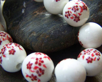 Accessories - 20 Pcs Of Hand Painted Lovely Red Flower Chinese Ceramic Beads 12mm  A2733