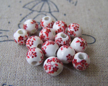 Accessories - 20 Pcs Of Hand Painted Lovely Red Flower Chinese Ceramic Beads 6mm A567