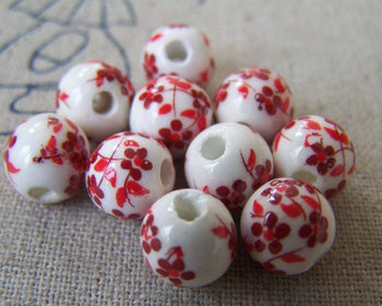 Accessories - 20 Pcs Of Hand Painted Lovely Red Flower Chinese Ceramic Beads 8mm A568
