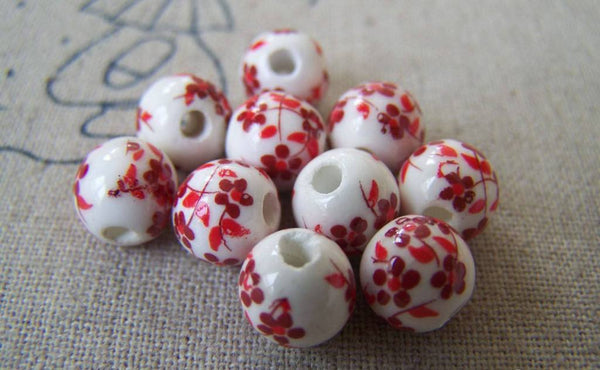 Accessories - 20 Pcs Of Hand Painted Lovely Red Flower Chinese Ceramic Beads 8mm A568