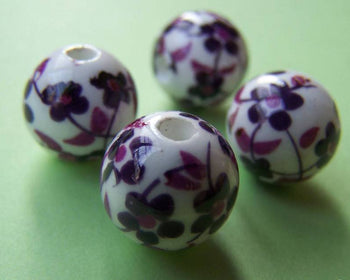 Accessories - 20 Pcs Of Hand Painted Purple Flower Chinese Ceramic Beads 12mm A1889