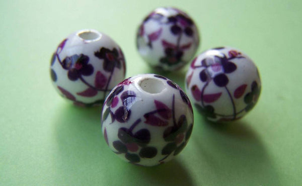 Accessories - 20 Pcs Of Hand Painted Purple Flower Chinese Ceramic Beads 12mm A1889