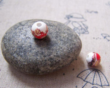 Accessories - 20 Pcs Of Hand Painted Red Flower Ceramic Beads 8mm A5156