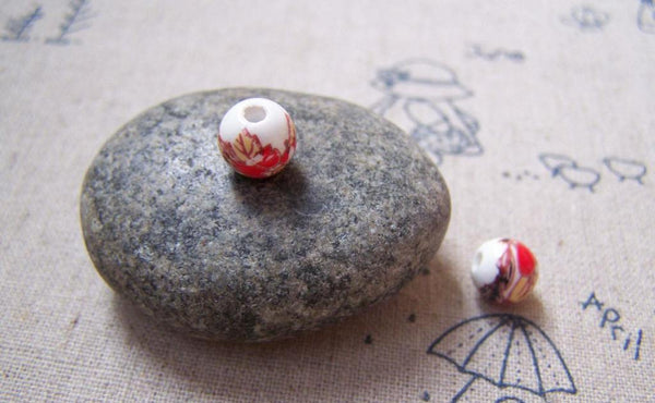 Accessories - 20 Pcs Of Hand Painted Red Flower Ceramic Beads 8mm A5156
