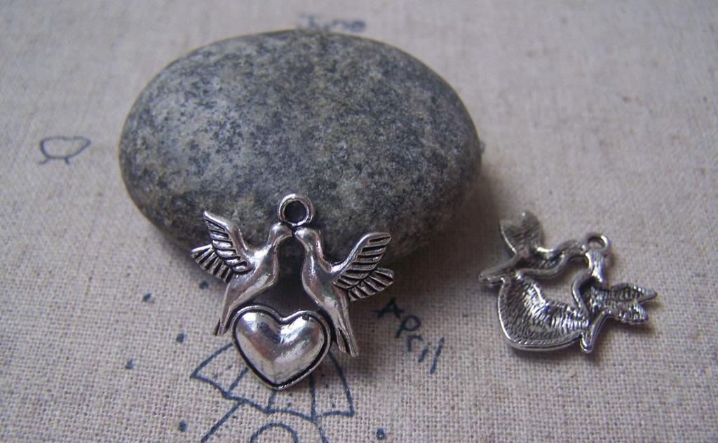 Accessories - 20 Pcs Of Tibetan Silver Antique Silver Two Love Birds Heart Charms 21x21mm A4945