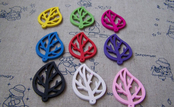 Accessories - 20 Pcs Of Wooden Filigree Leaf Charms Assorted Color 28x43mm A3634