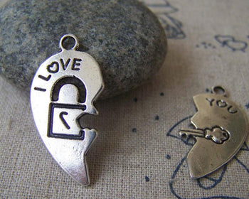 Accessories - 3 Sets (6 Pcs) Of Antique Silver  Lock Heart Charms Pendants 15x30mm A578