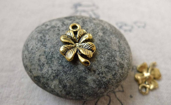 Accessories - 30 Pcs Antique Gold Four-Leaf Clover Lucky Flower Charms 10x19mm  A6476