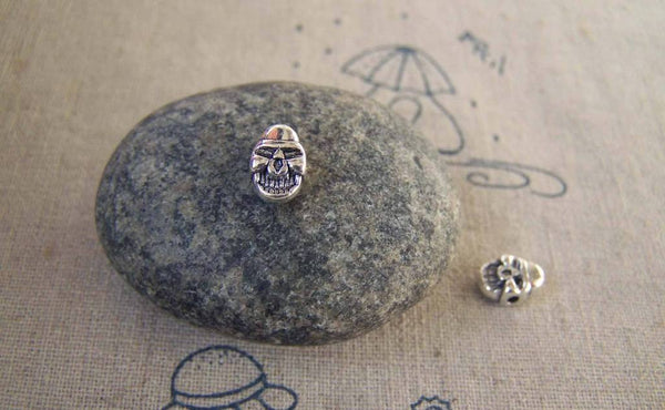 Accessories - 30 Pcs Antique Silver Rondelle Grin Skull Beads Double Sided 6x9mm A5430
