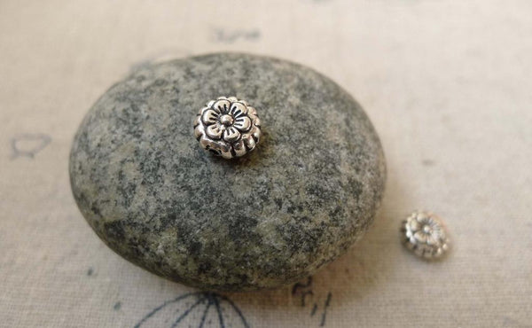 Accessories - 30 Pcs Antique Silver Round Plum Flower Rondelle Beads 8x8mm A6230