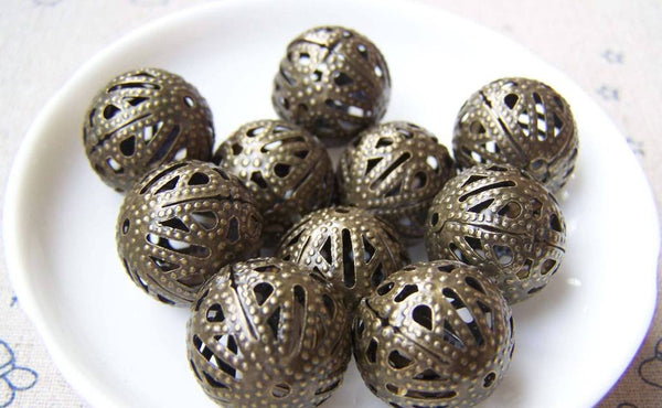 Accessories - 30 Pcs Of Antique Bronze Filigree Ball Spacer Beads Size 18mm A2719