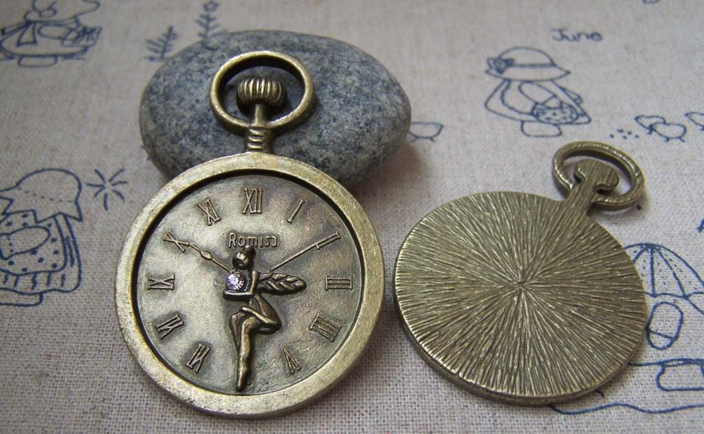 Accessories - 4 Pcs Antique Bronze Rhinestone Fairy Round Pocket Watch Clock Pendants 37x54mm  A2171