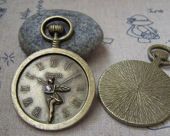 Accessories - 4 Pcs Antique Bronze Rhinestone Fairy Round Pocket Watch Clock Pendants 37x54mm  A2171