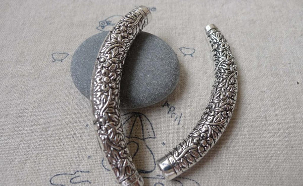 Accessories - 4 Pcs Antique Silver Curved Flower Slide Tube 9x67mm A7034