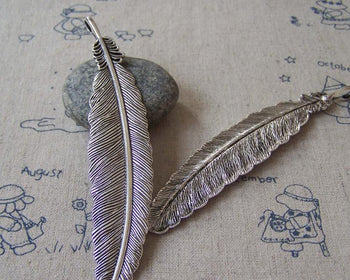 Accessories - 4 Pcs Antique Silver Super Large Feather Pendants 10x105mm A4246