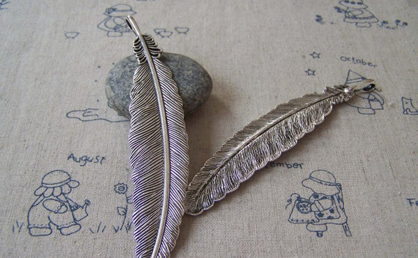 Accessories - 4 Pcs Antique Silver Super Large Feather Pendants 10x105mm A4246