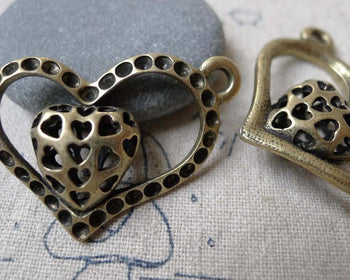 Accessories - 4 Pcs Of Antique Bronze 3D Filigree Heart Pendants Charms 26x37mm A7247