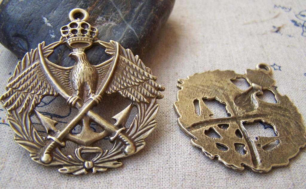 Accessories - 4 Pcs Of Antique Bronze Crown Eagle Badge Charms Pendants 49mm A1622