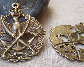 Accessories - 4 Pcs Of Antique Bronze Crown Eagle Badge Charms Pendants 49mm A1622