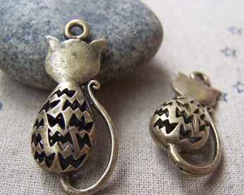 Accessories - 4 Pcs Of Antique Bronze Filigree Kitten Cat Charms Pendants 16x31mm A1795